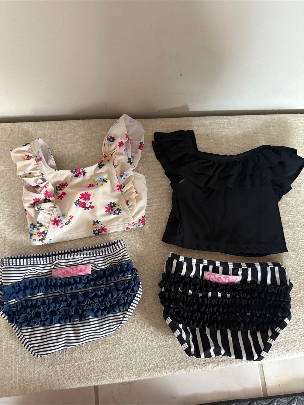 2 Ruffle Bikini Set - Floral Top, Black Ruffle Top & Striped Ruffle Bottoms